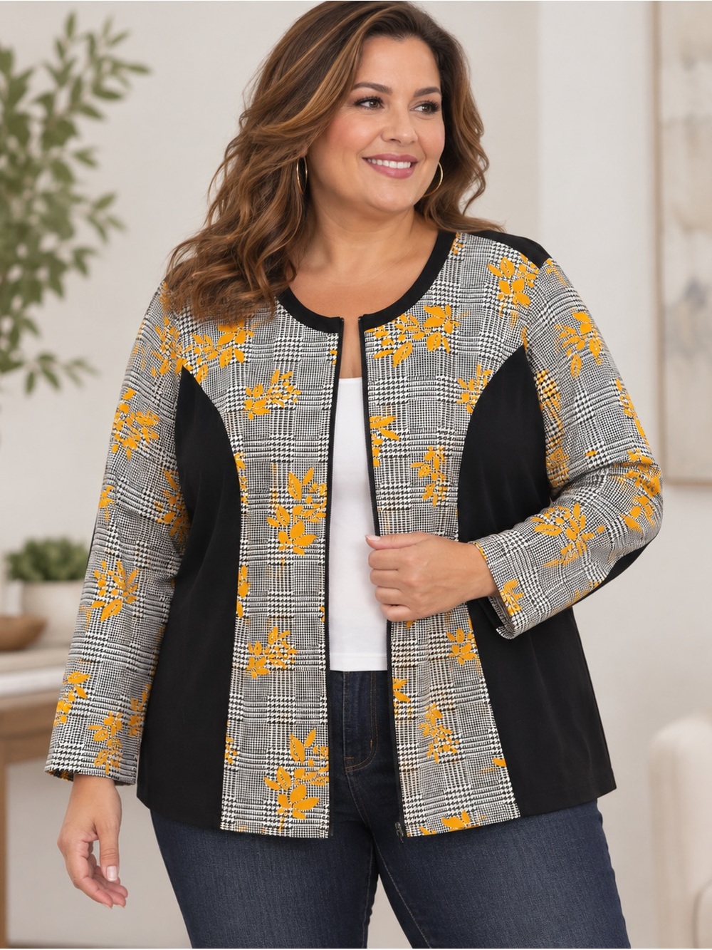 Catherines Black Label Women’s 3X Houndstooth Floral Colorblock Jacket Top NWT